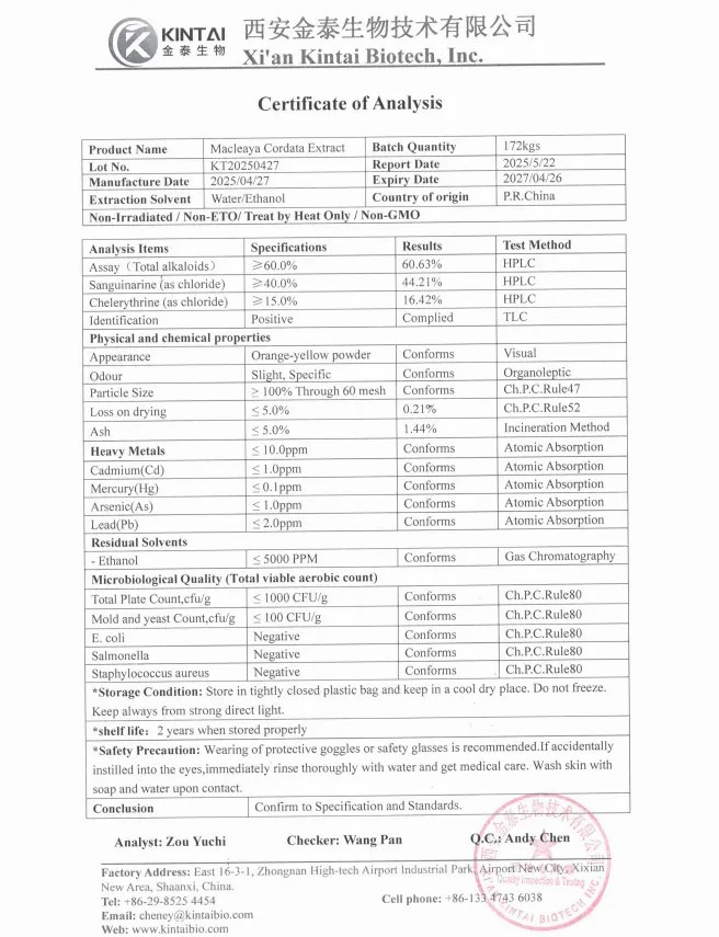 KINTAI Macleaya Cordata Extract COA KINTAI Macleaya Cordata Extract COA